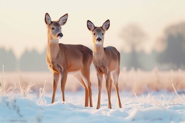 Two young roe deer, capreolus capreolus, standing on snow in wintertime with copy space. Brown mammal siblings observing on white field in panoramic horizontal composition at sunset