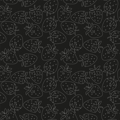 Line art strawberry summer fruit seamless pattern for textile, scrapbook, wallpaper, decorative paper. Vector dark background illustration with sweet food