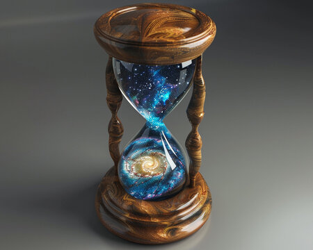 A galaxy contained within a giant hourglass symbolizing the flow of cosmic time