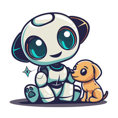 Naklejka premium An unlikely duo: robot and puppy explore the world together.