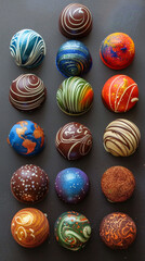 Obraz premium A set of chocolate truffles decorated to look like planets complete with swirling patterns and colors