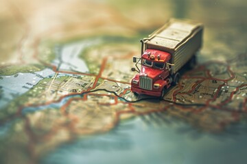Top view of a model of a truck standing on a map, freight transportation concept - obrazy, fototapety, plakaty