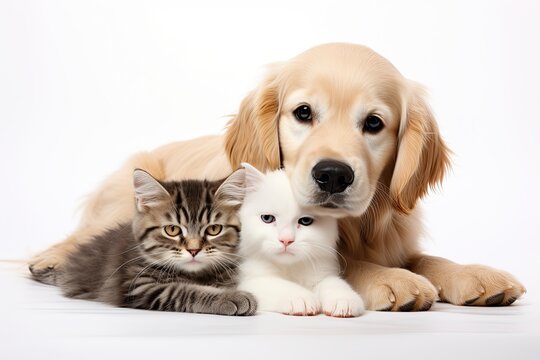 Close up kittens cat and adorable dog together lying