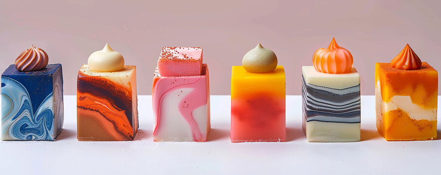 A series of petit fours designed to resemble miniature abstract canvases each a bite sized artwork