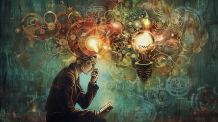 Enlightened Thought Process - A person deep in thought with lightbulbs and gears representing the complex mechanics of human thought - obrazy, fototapety, plakaty