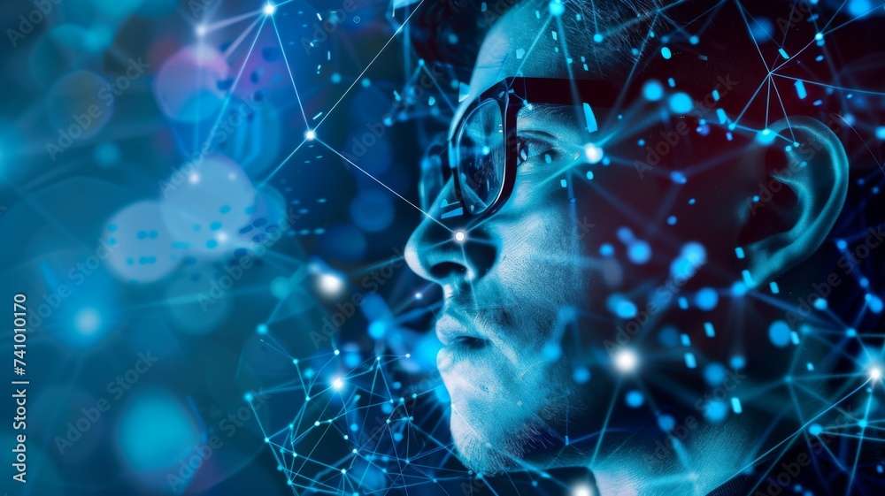 Poster neural network mind connection - a profile with neural network graphics overlay, illustrating the co