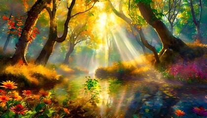 enchanting forest scenes where rays of sunlight majestically filter through the foliage, casting a magical glow upon the surroundings