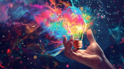 Vibrant Lightbulb Inspiration - A hand holds a lightbulb that bursts with an array of colorful, abstract elements, symbolizing vibrant inspiration and explosive ideas.