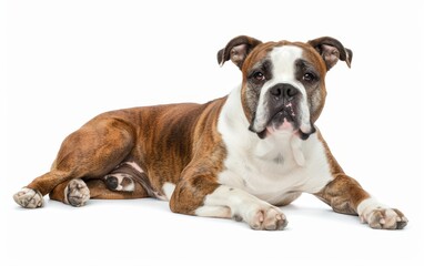 Obraz premium A muscular American Bulldog lies down, its gaze fixed forward with an expression of calm attentiveness. The dog's white and tan coat stands out vividly against the white background.