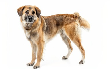 A standing Anatolian Shepherd Dog is captured in profile, showing off its muscular silhouette and dense tan coat. This breed is known for its endurance and protective instinct.