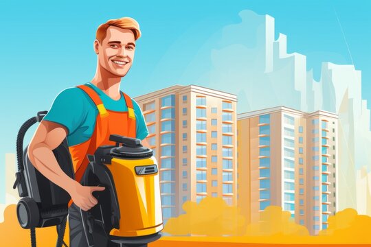 Smiling cleaning worker with steam cleaner in apartment, cleaning service concept, illustration