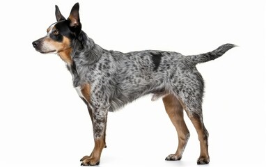 Naklejka na ściany i meble An Australian Cattle Dog stands in profile, ears perked and eyes vigilant. The photo captures the breed's muscular frame and distinctive coat pattern.