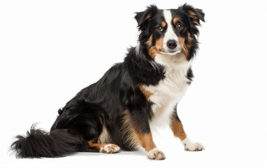 An attentive Australian Shepherd sits up, its tri-colored coat beautifully groomed. The dog's focused expression reflects its responsive and trainable nature.