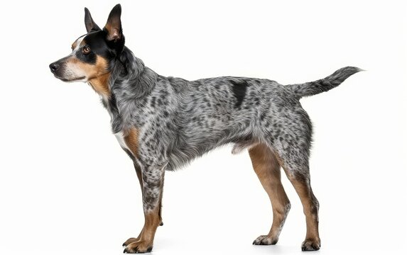 An Australian Cattle Dog stands in profile, ears perked and eyes vigilant. The photo captures the breed's muscular frame and distinctive coat pattern.