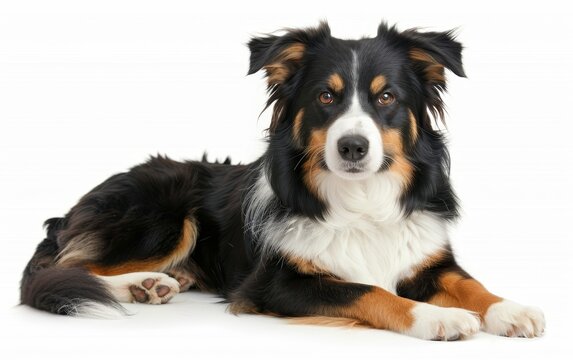 An Australian Shepherd lies gracefully, its eyes full of intelligence and warmth. The dog's luxurious black, white, and brown coat provides a stunning contrast to the white background.