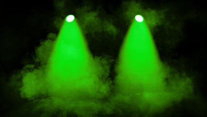 Divine green light through a dark fog. The rays beam light on the floor. Spotlight on isolated background. Stock illustration.