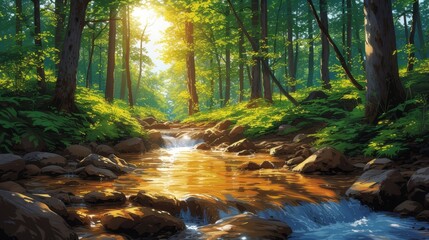 A beautiful forest landscape with a river as a digital illustration