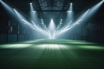 Dramatic view of an empty indoor soccer field, brilliantly illuminated by intense spotlights,...