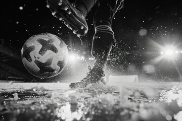 Close-up of a soccer player's foot skillfully controlling a ball on a wet field during a rainy night, highlighting precision and focus.