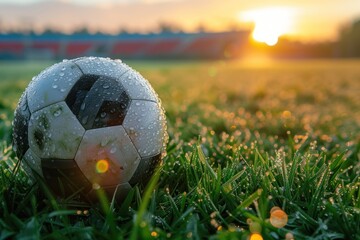 Close-up of a soccer ball on a dewy grass field, illuminated by the warm glow of sunrise in an empty stadium.