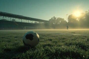 Close-up of a soccer ball on a dewy grass field, illuminated by the warm glow of sunrise in an empty stadium.