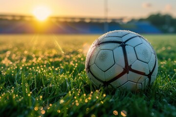 Close-up of a soccer ball on a dewy grass field, illuminated by the warm glow of sunrise in an empty stadium.