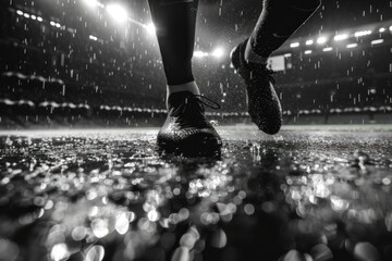 Close-up of a soccer player's foot skillfully controlling a ball on a wet field during a rainy...