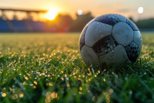 Close-up of a soccer ball on a dewy grass field, illuminated by the warm glow of sunrise in an empty stadium. - Powered by Adobe