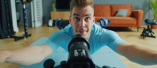 man doing exercise on mat with camera