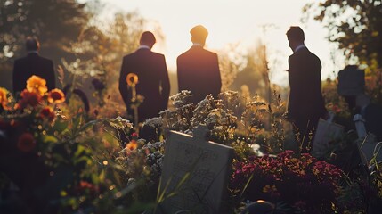 Mourning at sunset, respectful silence, honoring the departed. people gather at graveside. solemn funeral scene. AI