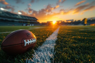 Close-up of a soccer ball on a dewy grass field, illuminated by the warm glow of sunrise in an empty stadium.