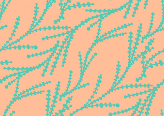 halfdrop pattern with interwined seaweed abstract floral design elements. Trendy peach fuzz, apricot crush, pink yarrow, nautical blue, turquoise colors. Seamless texture in hipster style for beach - 741013313