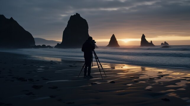 Silhouettes of photographers taking pictures of the sunrise on the beach.