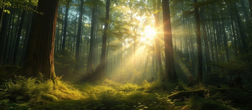 Serene forest landscape with sunrays shining through dense trees and lush greenery
