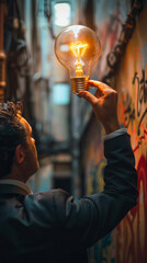 Obraz premium Innovative Thought Illumination - A man stands in a graffiti-filled alley, holding a light bulb that glows, symbolizing the spark of creativity and innovation in urban culture.