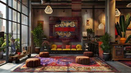 Moroccan souk inspired office with vibrant rugs and exotic furnishings, modern office interior design - obrazy, fototapety, plakaty