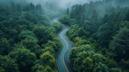 Winding forest road from a bird's eye view