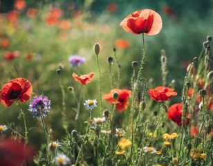 Fototapeta premium field of red poppies with purple wild flowers