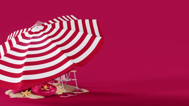 Summer travel concept. Parasol with beach chair and travel accessory on pink cyclamen background with copy space. 3D Rendering, 3D Illustration