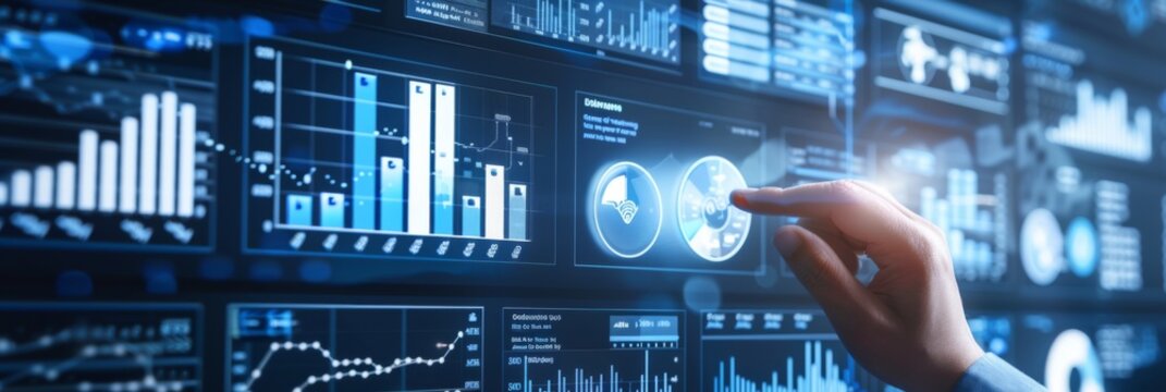 Futuristic Network Monitoring - Hand touching a futuristic interface for network monitoring and data analysis
