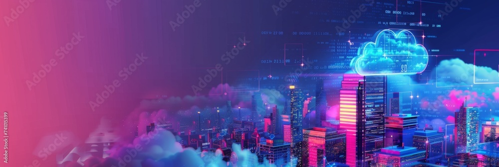 Wall mural Digital Cloud Network City - A digital art piece showcasing a cloud network over a futuristic city, conveying ideas of connectivity and modern urban life.