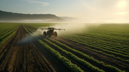 A tractor sprays pesticides and fertilizer on a field, a vital step in ensuring a healthy crop. - obrazy, fototapety, plakaty