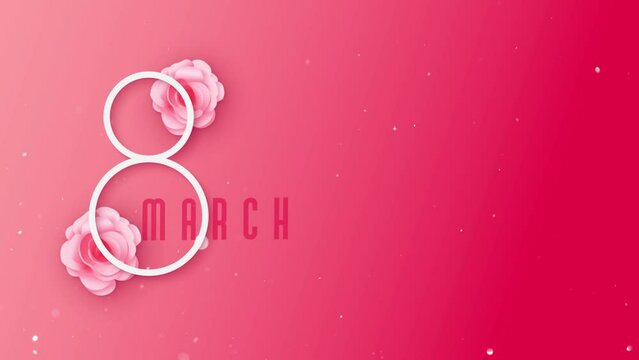 Happy Women's Day 8 March background, pink soft background with bokeh and light particles, flowers, and woman Silhouette, red flower petals, and congratulations gift card