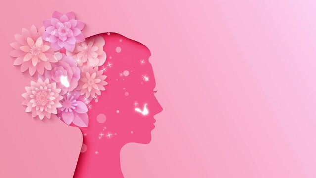 Happy Women's Day 8 March background, pink soft background with bokeh and light particles, flowers, and woman Silhouette, red flower petals, and congratulations gift card