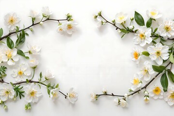 Frame with white blossom branches on a white background. Flat lay spring composition. Springtime nature beauty. Design for banner, invitation, greeting with copy space