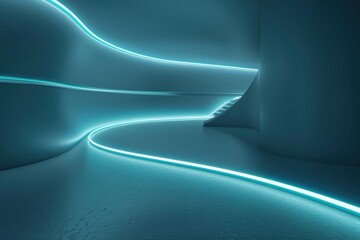 3d render, abstract geometric background illuminated with blue neon light. Glowing wavy line. Futuristic minimal wallpaper