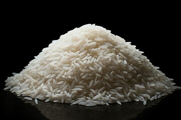 White rice pile isolated on black background top view