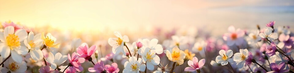 Panoramic view of flowers field at sunset. Beautiful spring meadow. Springtime nature beauty. Design for banner, header, background, greeting