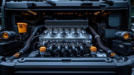 Engine Compartment Detail. Opening the hood reveals the intricate details of the cargo truck's engine compartment, with components such as the engine block, radiator, and air intake system 