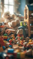 A variety of children's toys scattered on shelves and floor, children's playroom